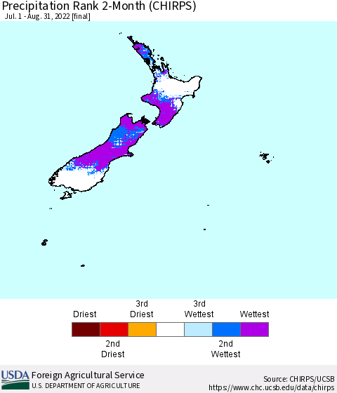 New Zealand Precipitation Rank since 1981, 2-Month (CHIRPS) Thematic Map For 7/1/2022 - 8/31/2022