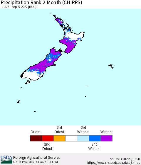 New Zealand Precipitation Rank since 1981, 2-Month (CHIRPS) Thematic Map For 7/6/2022 - 9/5/2022