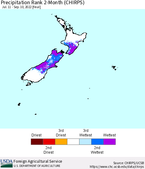 New Zealand Precipitation Rank since 1981, 2-Month (CHIRPS) Thematic Map For 7/11/2022 - 9/10/2022