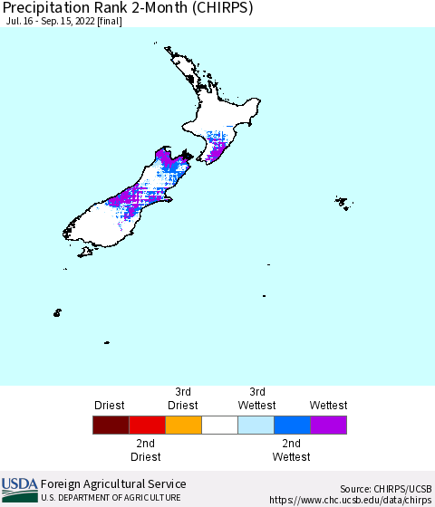 New Zealand Precipitation Rank since 1981, 2-Month (CHIRPS) Thematic Map For 7/16/2022 - 9/15/2022