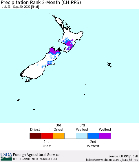 New Zealand Precipitation Rank since 1981, 2-Month (CHIRPS) Thematic Map For 7/21/2022 - 9/20/2022