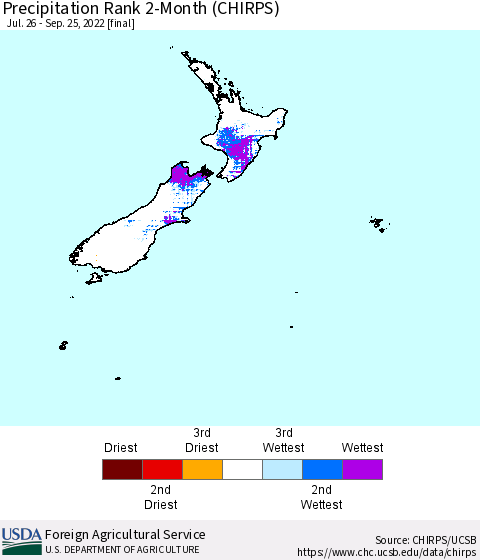 New Zealand Precipitation Rank since 1981, 2-Month (CHIRPS) Thematic Map For 7/26/2022 - 9/25/2022