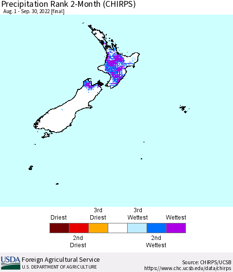New Zealand Precipitation Rank since 1981, 2-Month (CHIRPS) Thematic Map For 8/1/2022 - 9/30/2022