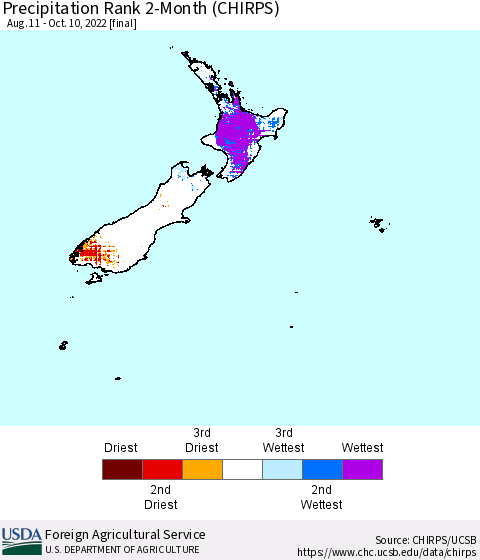 New Zealand Precipitation Rank since 1981, 2-Month (CHIRPS) Thematic Map For 8/11/2022 - 10/10/2022