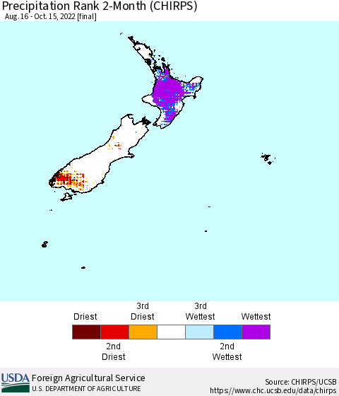 New Zealand Precipitation Rank since 1981, 2-Month (CHIRPS) Thematic Map For 8/16/2022 - 10/15/2022