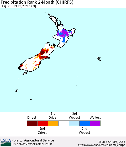 New Zealand Precipitation Rank since 1981, 2-Month (CHIRPS) Thematic Map For 8/21/2022 - 10/20/2022