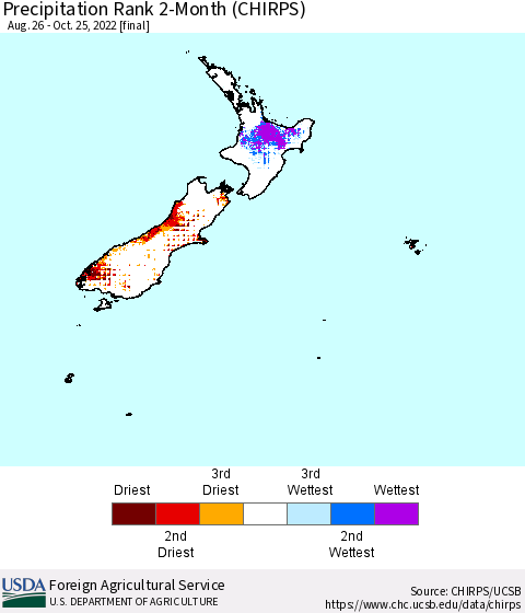 New Zealand Precipitation Rank since 1981, 2-Month (CHIRPS) Thematic Map For 8/26/2022 - 10/25/2022