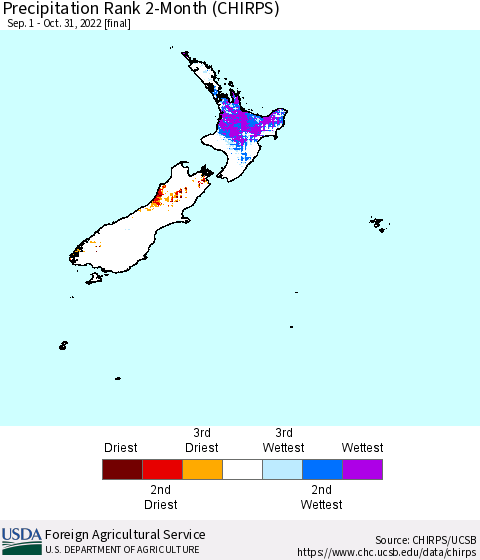 New Zealand Precipitation Rank since 1981, 2-Month (CHIRPS) Thematic Map For 9/1/2022 - 10/31/2022