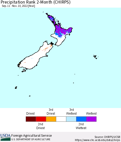 New Zealand Precipitation Rank since 1981, 2-Month (CHIRPS) Thematic Map For 9/11/2022 - 11/10/2022