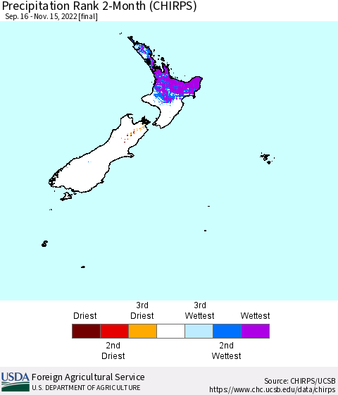 New Zealand Precipitation Rank since 1981, 2-Month (CHIRPS) Thematic Map For 9/16/2022 - 11/15/2022