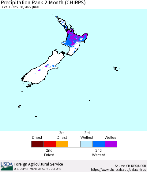 New Zealand Precipitation Rank since 1981, 2-Month (CHIRPS) Thematic Map For 10/1/2022 - 11/30/2022