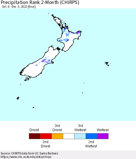 New Zealand Precipitation Rank since 1981, 2-Month (CHIRPS) Thematic Map For 10/6/2022 - 12/5/2022