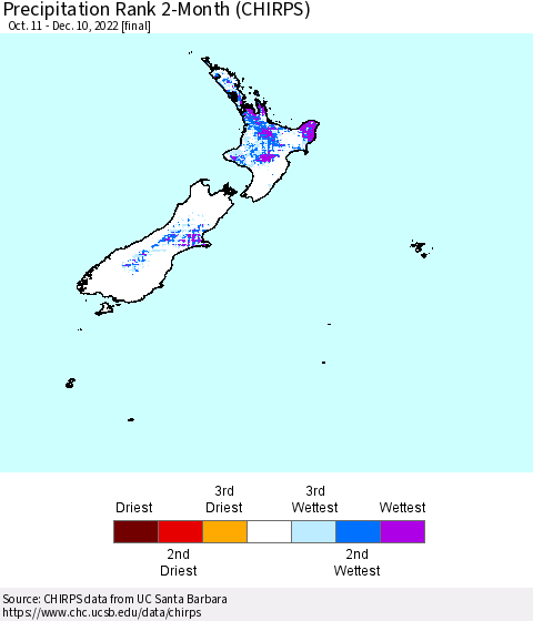 New Zealand Precipitation Rank since 1981, 2-Month (CHIRPS) Thematic Map For 10/11/2022 - 12/10/2022