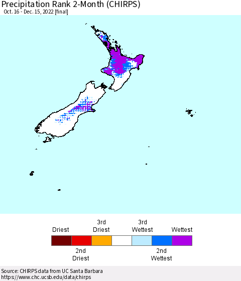 New Zealand Precipitation Rank since 1981, 2-Month (CHIRPS) Thematic Map For 10/16/2022 - 12/15/2022