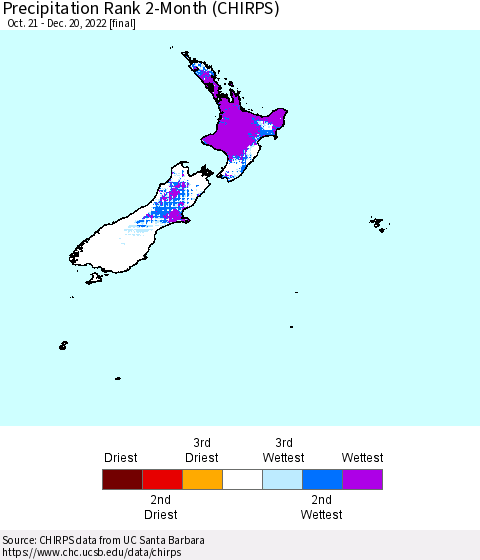 New Zealand Precipitation Rank since 1981, 2-Month (CHIRPS) Thematic Map For 10/21/2022 - 12/20/2022