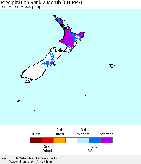 New Zealand Precipitation Rank since 1981, 2-Month (CHIRPS) Thematic Map For 10/26/2022 - 12/25/2022