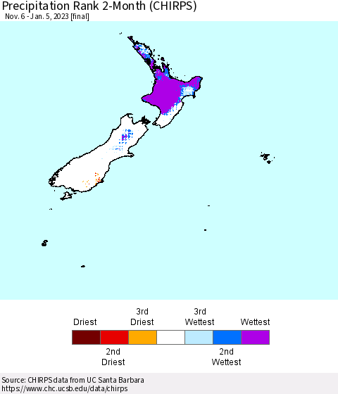 New Zealand Precipitation Rank since 1981, 2-Month (CHIRPS) Thematic Map For 11/6/2022 - 1/5/2023