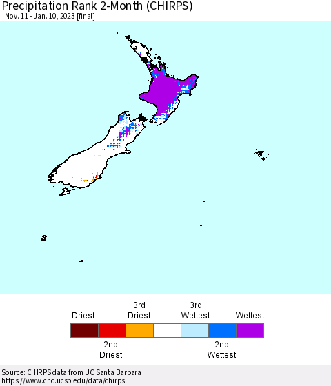 New Zealand Precipitation Rank since 1981, 2-Month (CHIRPS) Thematic Map For 11/11/2022 - 1/10/2023