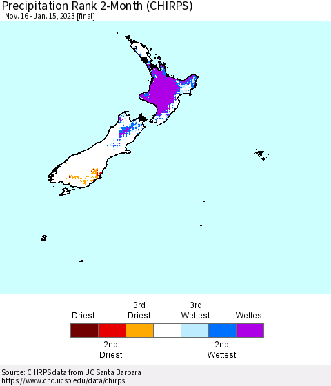 New Zealand Precipitation Rank since 1981, 2-Month (CHIRPS) Thematic Map For 11/16/2022 - 1/15/2023