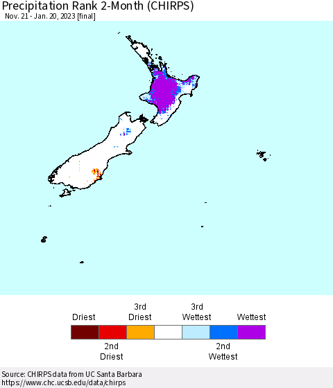 New Zealand Precipitation Rank since 1981, 2-Month (CHIRPS) Thematic Map For 11/21/2022 - 1/20/2023