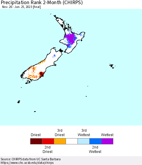 New Zealand Precipitation Rank since 1981, 2-Month (CHIRPS) Thematic Map For 11/26/2022 - 1/25/2023