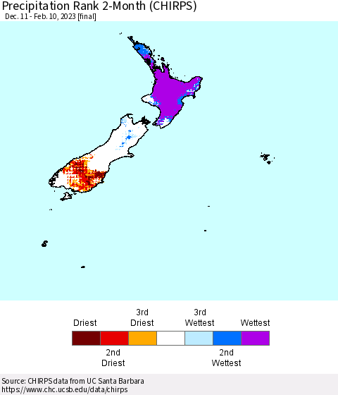 New Zealand Precipitation Rank since 1981, 2-Month (CHIRPS) Thematic Map For 12/11/2022 - 2/10/2023