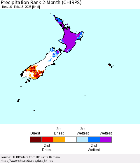 New Zealand Precipitation Rank since 1981, 2-Month (CHIRPS) Thematic Map For 12/16/2022 - 2/15/2023