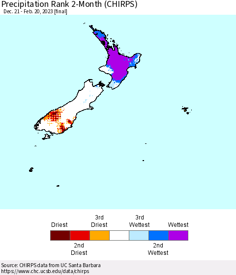 New Zealand Precipitation Rank since 1981, 2-Month (CHIRPS) Thematic Map For 12/21/2022 - 2/20/2023