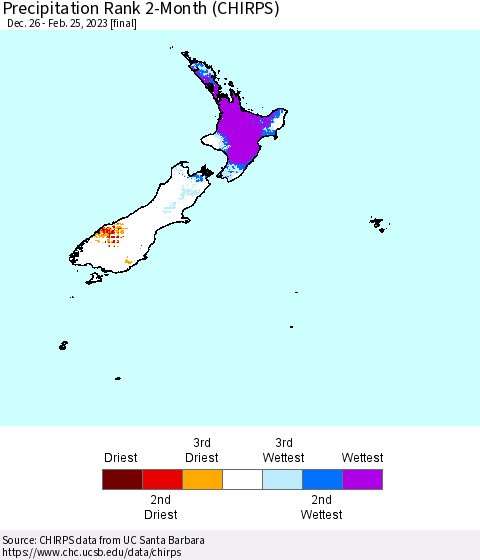 New Zealand Precipitation Rank since 1981, 2-Month (CHIRPS) Thematic Map For 12/26/2022 - 2/25/2023