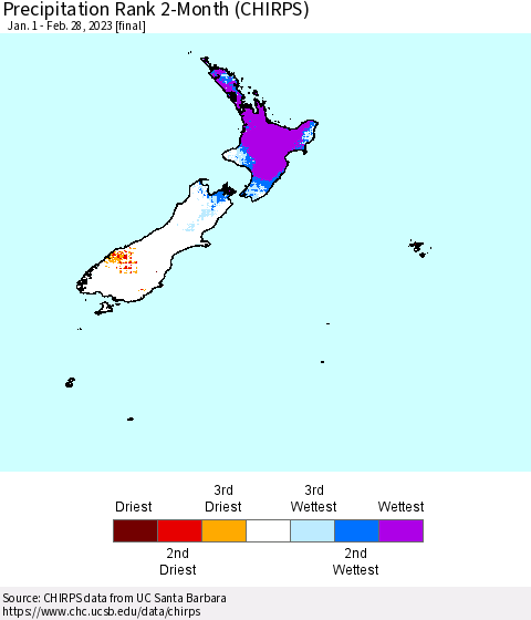 New Zealand Precipitation Rank since 1981, 2-Month (CHIRPS) Thematic Map For 1/1/2023 - 2/28/2023