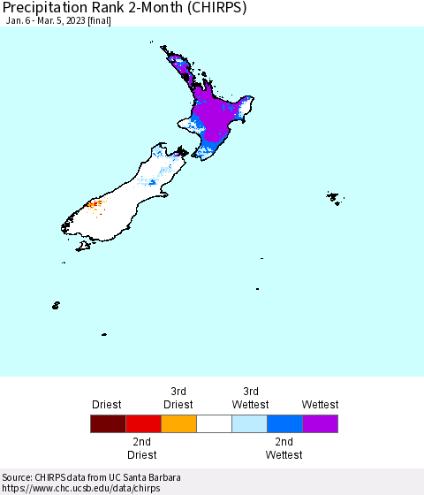 New Zealand Precipitation Rank since 1981, 2-Month (CHIRPS) Thematic Map For 1/6/2023 - 3/5/2023