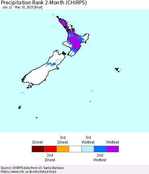 New Zealand Precipitation Rank since 1981, 2-Month (CHIRPS) Thematic Map For 1/11/2023 - 3/10/2023