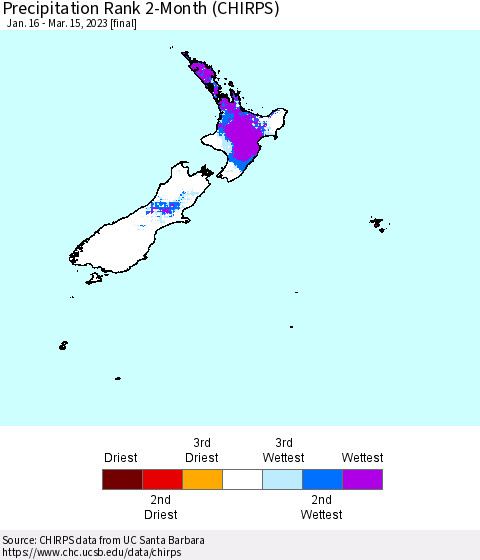 New Zealand Precipitation Rank since 1981, 2-Month (CHIRPS) Thematic Map For 1/16/2023 - 3/15/2023