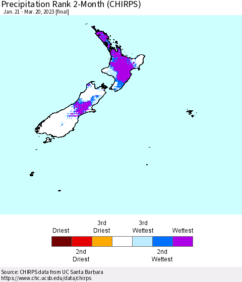 New Zealand Precipitation Rank since 1981, 2-Month (CHIRPS) Thematic Map For 1/21/2023 - 3/20/2023