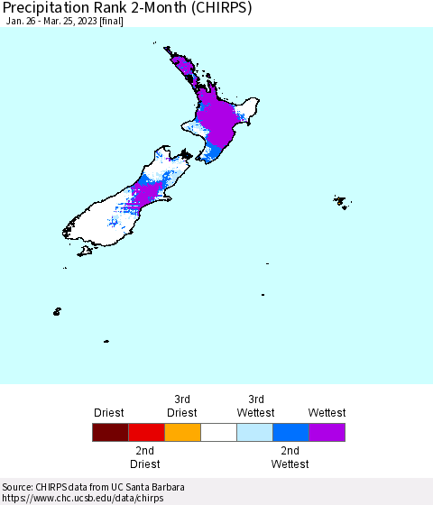 New Zealand Precipitation Rank since 1981, 2-Month (CHIRPS) Thematic Map For 1/26/2023 - 3/25/2023