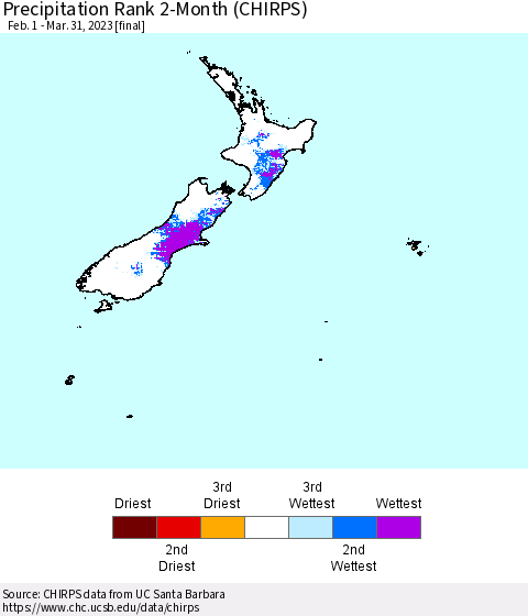New Zealand Precipitation Rank since 1981, 2-Month (CHIRPS) Thematic Map For 2/1/2023 - 3/31/2023