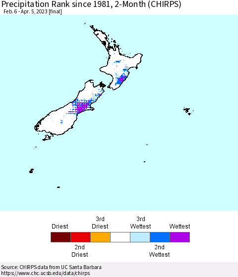 New Zealand Precipitation Rank since 1981, 2-Month (CHIRPS) Thematic Map For 2/6/2023 - 4/5/2023