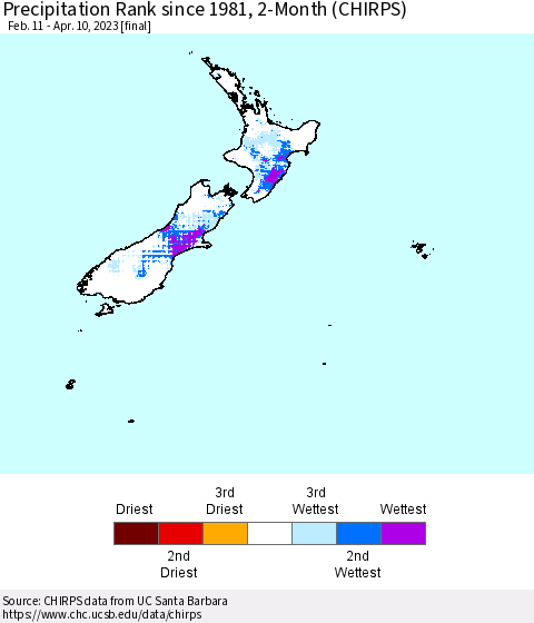 New Zealand Precipitation Rank since 1981, 2-Month (CHIRPS) Thematic Map For 2/11/2023 - 4/10/2023