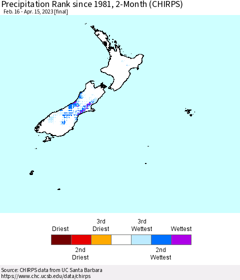 New Zealand Precipitation Rank since 1981, 2-Month (CHIRPS) Thematic Map For 2/16/2023 - 4/15/2023
