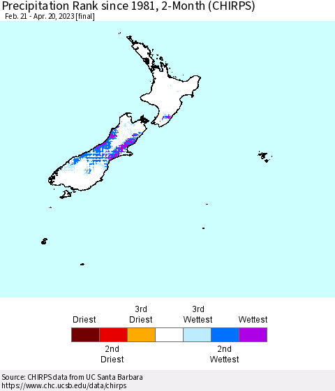 New Zealand Precipitation Rank since 1981, 2-Month (CHIRPS) Thematic Map For 2/21/2023 - 4/20/2023