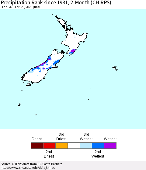 New Zealand Precipitation Rank since 1981, 2-Month (CHIRPS) Thematic Map For 2/26/2023 - 4/25/2023