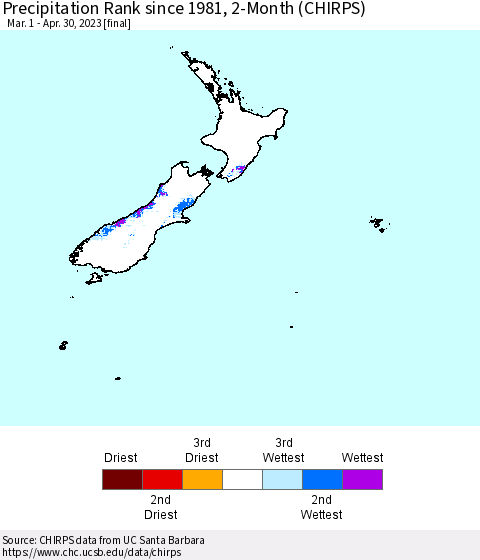 New Zealand Precipitation Rank since 1981, 2-Month (CHIRPS) Thematic Map For 3/1/2023 - 4/30/2023