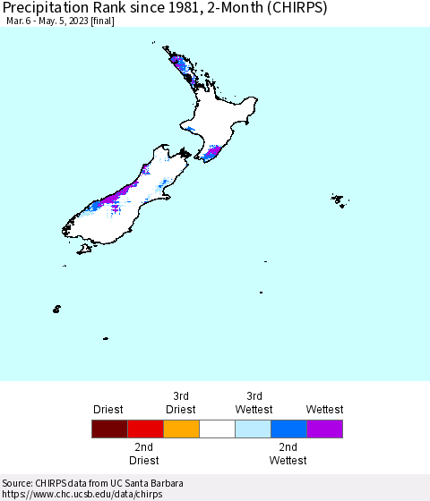 New Zealand Precipitation Rank since 1981, 2-Month (CHIRPS) Thematic Map For 3/6/2023 - 5/5/2023