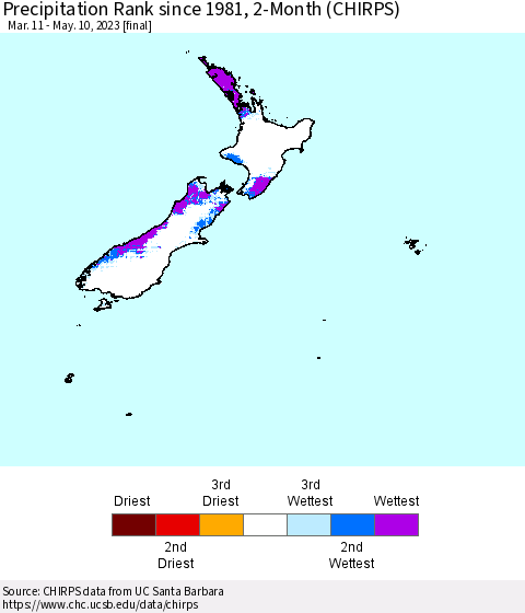 New Zealand Precipitation Rank since 1981, 2-Month (CHIRPS) Thematic Map For 3/11/2023 - 5/10/2023