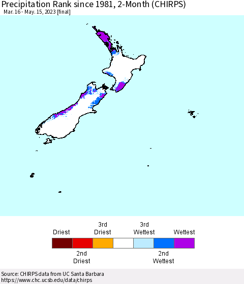 New Zealand Precipitation Rank since 1981, 2-Month (CHIRPS) Thematic Map For 3/16/2023 - 5/15/2023