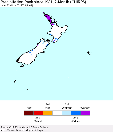 New Zealand Precipitation Rank since 1981, 2-Month (CHIRPS) Thematic Map For 3/21/2023 - 5/20/2023