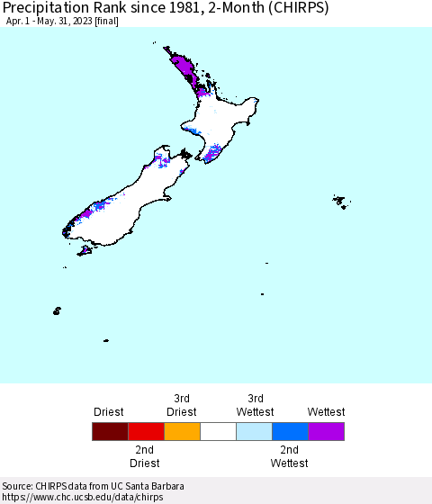 New Zealand Precipitation Rank since 1981, 2-Month (CHIRPS) Thematic Map For 4/1/2023 - 5/31/2023