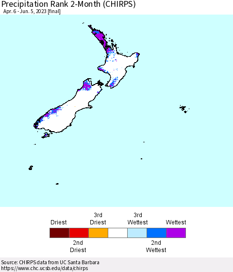 New Zealand Precipitation Rank since 1981, 2-Month (CHIRPS) Thematic Map For 4/6/2023 - 6/5/2023