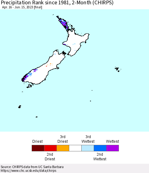 New Zealand Precipitation Rank since 1981, 2-Month (CHIRPS) Thematic Map For 4/16/2023 - 6/15/2023