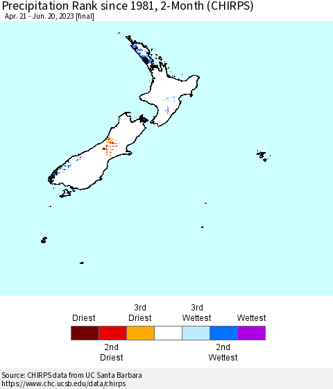 New Zealand Precipitation Rank since 1981, 2-Month (CHIRPS) Thematic Map For 4/21/2023 - 6/20/2023